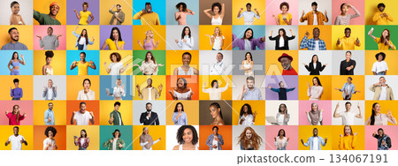 A vibrant collage featuring a diverse collection of faces representing different styles. Each person expresses joy and personality against colorful backgrounds, reflecting a lively lifestyle. 134067191