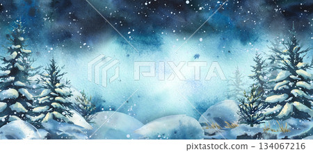 Watercolor winter landscape with snowy fir tree forest and falling snow. Christmas season background for holiday greeting card and banner design. Hand drawn illustration text frame template 134067216