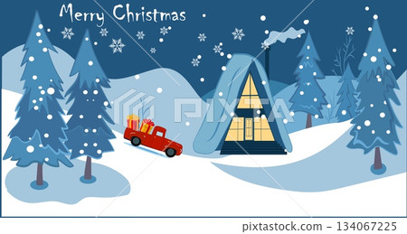 A red truck arrives at a house with gifts in a winter landscape. Snow falls gently on the trees and ground. The scene captures the holiday spirit during Christmas. 134067225