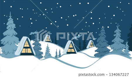 In a winter scene, houses with sloped roofs are surrounded by snow-covered trees under a starry night sky, capturing a festive atmosphere during holiday travels In a winter scene, houses with sloped roofs are surrounded by snow-covered trees under a starry night sky, capturing a festive atmosphere during holiday travels 134067227
