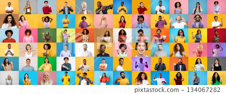 Multiracial individuals from various backgrounds pose against colorful backdrops, expressing joy and individuality. This collection highlights the beauty of diversity and connection in modern society. 134067282