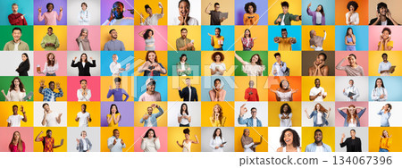 A lively collection of individuals from various backgrounds express joy and creativity with diverse poses and gestures. 134067396