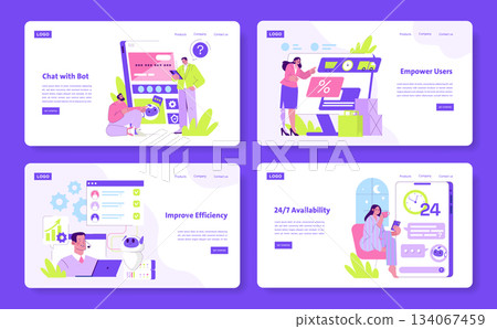 Vector illustration depicting digital transformation through chatbot technology, user empowerment, efficiency improvement, and 24/7 availability. Characters interact with technology, showcasing 134067459