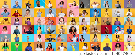 A lively collection of diverse individuals showcasing various facial expressions and gestures. Set against colorful backgrounds, the collage reflects a celebration of identity and unity in diversity. 134067460