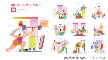 Vector illustration set of infrared workouts showing various fitness activities like yoga, meditation, and HIIT. People engaged in exercises under infrared lights for enhanced fitness. 134067461
