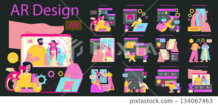 Vector illustration depicting various augmented reality applications, including interactions like spatial awareness improvement, creative stimulation, and personalized experiences across devices. 134067463