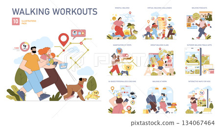 Walking workouts vector illustration pack featuring diverse activities like mindful walking, gamified steps, group walking clubs, and interactive maps for kids, enhancing fitness engagement. 134067464