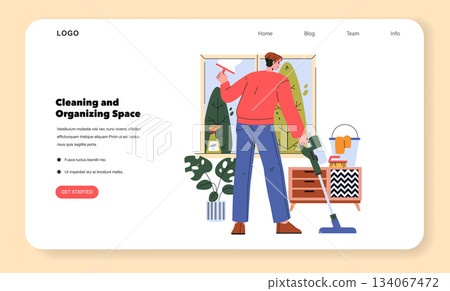 Vector illustration of a person cleaning a room with a vacuum and cleaning supplies. The image shows a tidy space with plants and a window, emphasizing cleanliness and organization. Vector illustration of a person cleaning a room with a vacuum and cleaning supplies. The image shows a tidy space with plants and a window, emphasizing cleanliness and organization. 134067472