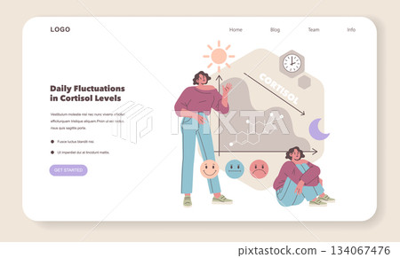 Vector illustration showing daily cortisol level fluctuations with a woman analyzing emotions. Visual elements include sun, moon, and molecular structure to depict hormone impact. Vector illustration showing daily cortisol level fluctuations with a woman analyzing emotions. Visual elements include sun, moon, and molecular structure to depict hormone impact. 134067476