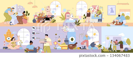 Vector illustration depicting a variety of pet spa and wellness activities. People giving baths, massages, and relaxation treatments to animals, highlighting care and happiness. 134067483