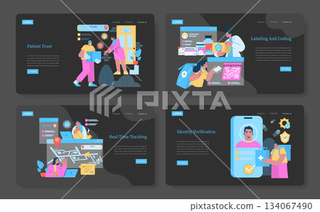 Vector illustration highlighting healthcare processes: patient trust, real-time tracking, labeling and coding, and identity verification. Characters perform various medical tasks efficiently. 134067490