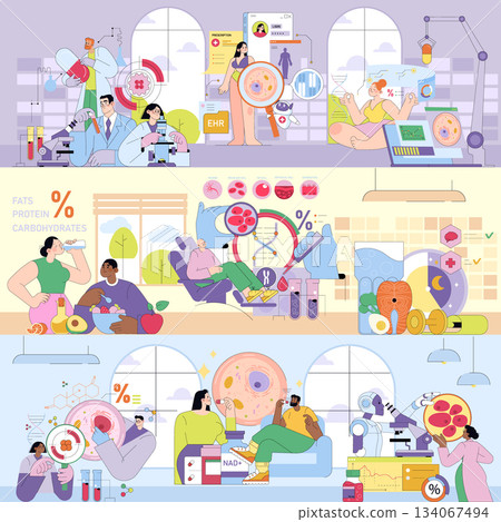 Vector illustration depicting scientists analyzing nutritional data and health research. Scenes of laboratory work, nutritional balance, and technology highlight health insights and lifestyle. 134067494