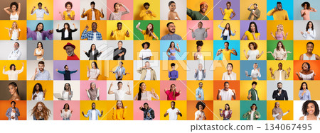 A colorful collection showcases diverse individuals smiling and expressing joy against bright backgrounds. This vibrant portrait captures a celebration of diverse lifestyles and unity. 134067495