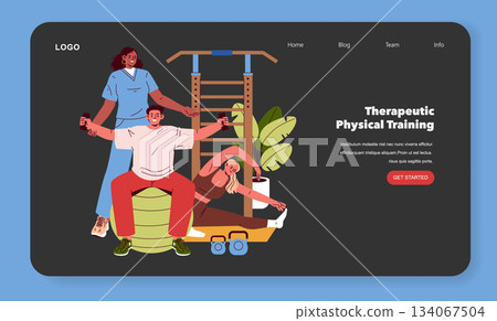 Vector illustration of three people engaged in therapeutic physical training. Demonstrates teamwork, exercise, and balance using weights and gym equipment. Emphasizes wellness and fitness. 134067504