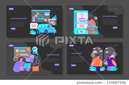 Vector illustration showcasing 5G technology in customer onboarding, subscription management, and usage monitoring. Features innovative solutions for enhancing speed and connectivity. 134067506