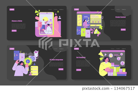 Vector illustration set displaying various digital marketing strategies. Includes niche selection, content creation, AI integration, and feedback analysis depicted in vibrant graphic style. 134067517
