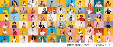 This vibrant collage showcases a diverse group of individuals expressing various emotions and gestures. The multiethnic collection highlights unity and individuality with colorful backgrounds. 134067523
