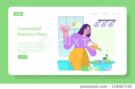 Vector illustration of a woman happily preparing a customized nutrition plan in a cheerful kitchen setting. She holds oil and displays a healthy meal planning concept. Bright and engaging layout. 134067530