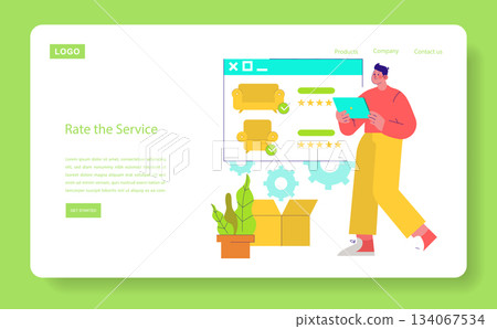 Vector illustration of a person engaged in rating services on a tablet, featuring a digital survey interface. Includes graphical elements like star ratings, check marks, and plant decor. Vector illustration of a person engaged in rating services on a tablet, featuring a digital survey interface. Includes graphical elements like star ratings, check marks, and plant decor. 134067534