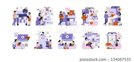 Vector illustration depicting various e-commerce and online activities. Scenes include delivery, global logistics, shopping, transactions, streaming, gaming, and social interaction, highlighting 134067535