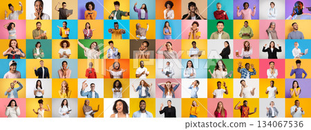 A vibrant collage features a variety of smiling people from different backgrounds holding fun poses. A vibrant collage features a variety of smiling people from different backgrounds holding fun poses. 134067536