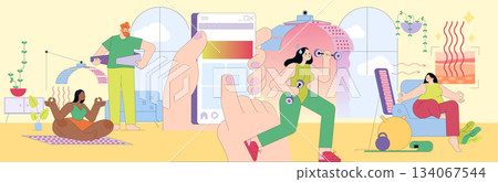 Vector illustration showing people engaging in various fitness activities at home. Includes yoga, weightlifting, and using a fitness app. Bright, colorful, and energetic design promotes health. 134067544