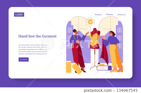 Vector illustration of two fashion designers discussing garment ideas in a studio setting. Features sewing supplies, a dress form, and sketches in a modern workspace. 134067545