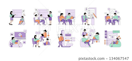 Vector illustration depicting various educational activities in a classroom. Scenes show teacher-student interactions, group study, individual learning, and digital education tools in use. 134067547