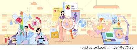 Vector illustration depicting scientists engaged in research, examining data and experimenting in a lab. The scene includes microscopes, tablets, and digital healthcare records. 134067556