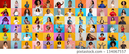 A lively collage features a variety of people from different backgrounds expressing various emotions. Each individual stands against a colorful backdrop that enhances their unique characteristics. A lively collage features a variety of people from different backgrounds expressing various emotions. Each individual stands against a colorful backdrop that enhances their unique characteristics. 134067557