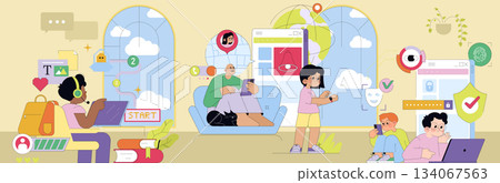 Children are engaged in digital activities, including using a laptop and mobile devices, symbolizing online learning and technology interaction in a colorful vector illustration. Children are engaged in digital activities, including using a laptop and mobile devices, symbolizing online learning and technology interaction in a colorful vector illustration. 134067563