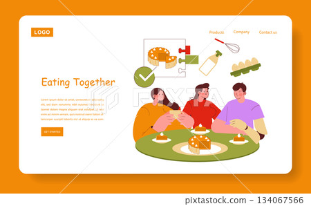Vector illustration of three people gathered around a table enjoying slices of cake together, conveying a sense of camaraderie and shared happiness. Suitable for food and teamwork concepts. 134067566