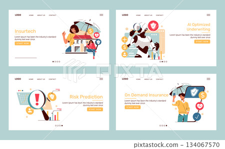 Set of vector illustrations depicting insurtech concepts, including AI-optimized underwriting, risk prediction, and on-demand insurance. Features diverse characters and technology elements. Set of vector illustrations depicting insurtech concepts, including AI-optimized underwriting, risk prediction, and on-demand insurance. Features diverse characters and technology elements. 134067570