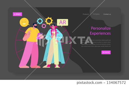 Colorful vector illustration shows two individuals discussing augmented reality technology features on a website interface. Bright elements and digital gears accentuate the modern theme. 134067572
