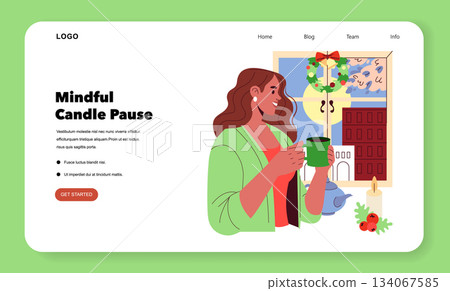 Woman holding a mug, enjoying a peaceful moment next to a candle and window in a cozy setting. The illustration reflects tranquility, perfect for wellness and mindfulness themes. 134067585