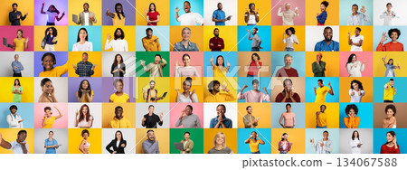 A vibrant collage showcases diverse individuals expressing various lifestyles and emotions. The collection features multiracial faces against colorful backgrounds, celebrating unity in diversity. 134067588