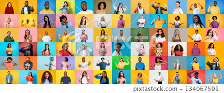 A lively collage of diverse individuals displays various facial expressions and gestures against colorful backgrounds. This collection represents a celebration of diversity and unity. A lively collage of diverse individuals displays various facial expressions and gestures against colorful backgrounds. This collection represents a celebration of diversity and unity. 134067591