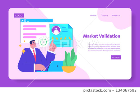 Vector illustration of a businessman highlighting market validation success on a webpage. The scene includes review stars, a clock symbolizing efficiency, and a lively color scheme for emphasis. 134067592