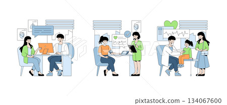Vector illustration of a doctor consulting with a family, discussing medical results, and checking a patient's vitals. Emphasizes healthcare, patient care, and doctor-patient interactions. Vector illustration of a doctor consulting with a family, discussing medical results, and checking a patient's vitals. Emphasizes healthcare, patient care, and doctor-patient interactions. 134067600
