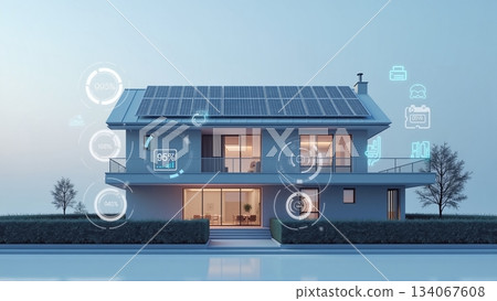 Modern smart home with solar panels and digital interfaces - ai generated 134067608
