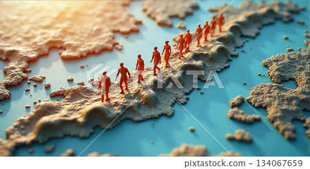 Diverse people traverse a world map, depicting global migration due to economic, crisis, war, and environmental factors 134067659