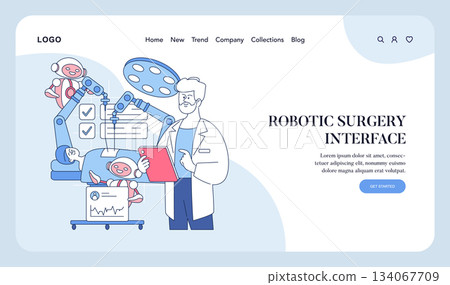 Vector illustration depicting a doctor interacting with a robotic surgery interface. The image highlights advanced technology, with a robotic system performing surgical procedures. 134067709