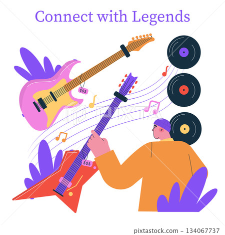 Colorful vector illustration of a person connecting with electric guitars. Vinyl records and floating notes highlight the musical theme, embodying a vibrant, creative atmosphere. 134067737