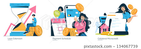 Vector illustration showcasing loan extension, payment schedule, and collateral microcredit. Features individuals interacting with financial symbols and tools, emphasizing finance and budgeting themes Vector illustration showcasing loan extension, payment schedule, and collateral microcredit. Features individuals interacting with financial symbols and tools, emphasizing finance and budgeting themes 134067739