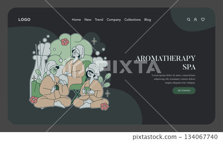 Vector illustration depicting a group enjoying an aromatherapy session at a spa. They sit together in robes, sipping beverages, exuding relaxation and peacefulness in a serene setting. Vector illustration depicting a group enjoying an aromatherapy session at a spa. They sit together in robes, sipping beverages, exuding relaxation and peacefulness in a serene setting. 134067740