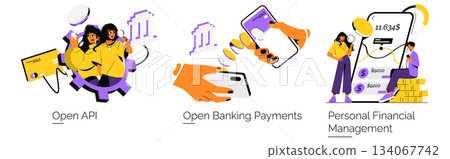 Vector illustration showcasing open API integration, open banking payments, and personal financial management. Characters interact with digital finance tools like smartphones and credit cards. Vector illustration showcasing open API integration, open banking payments, and personal financial management. Characters interact with digital finance tools like smartphones and credit cards. 134067742