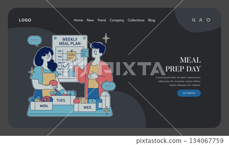 Vector illustration of cartoon characters preparing for weekly meal prep. They are organizing meals for different days with charts and fresh food on display. Ideal for healthy lifestyle themes. 134067759