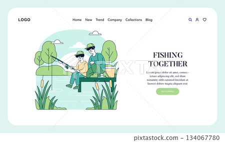 Father and son enjoying a serene day fishing together at a lush green lakeside, depicted in soothing pastel colors. 134067780