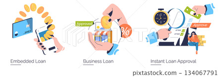 Vector illustration depicting various loan processes including embedded loans, business loans, and instant approval. Visual elements highlight digital transactions and financial dynamics. 134067791