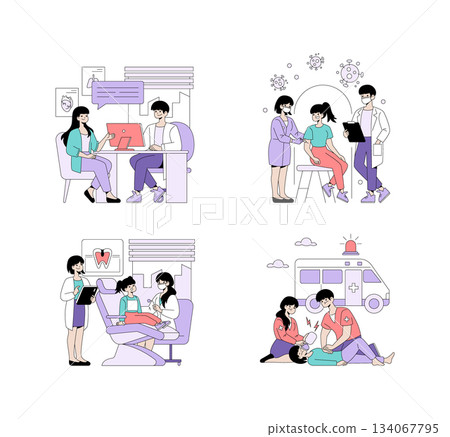 Vector illustration set depicting various healthcare scenarios. Includes a patient-doctor consultation, vaccination, dental care, and emergency CPR. Emphasizes medical care and teamwork. 134067795